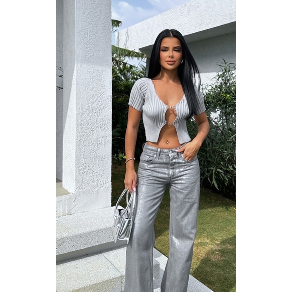 Zara Metallic Wide Leg Jeans Gray - Picture 4 of 16